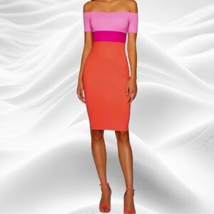Susana Monaco Colorblock Off the‎ Shoulder Body-Con Dress, Medium Cosmo Sherbert